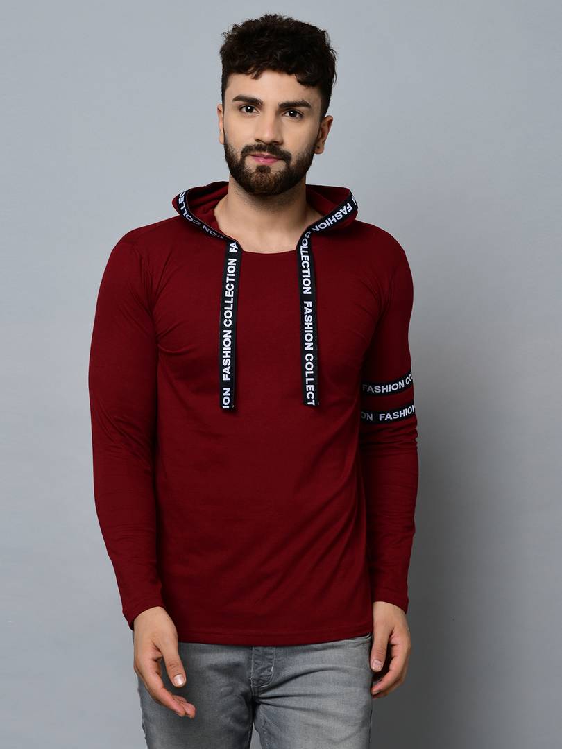Men's Maroon Cotton Self Pattern Hooded Tees - SVB Ventures